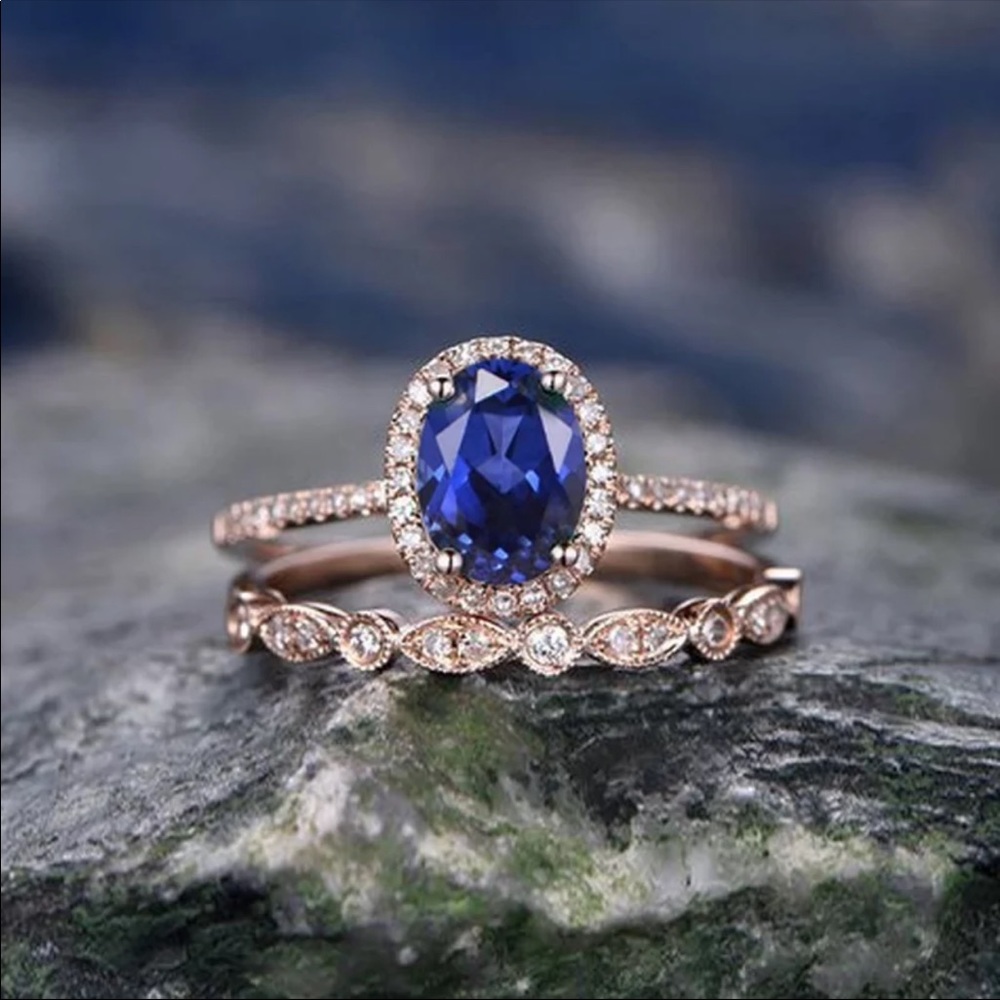 *NEW*2pc Set Rose Gold Bridal Sapphire Ring